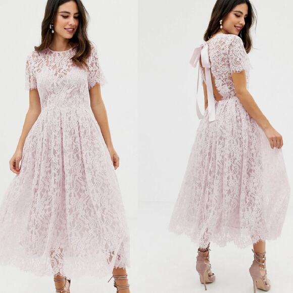 NEW ASOS Pastel Pink Lace Midi Dress Size 8 Ribbon Tie And Open Back Party - Picture 1 of 14